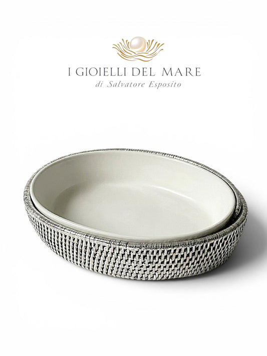 Vassoio ovale in rattan birmano rivestito in argento con porcellana da forno