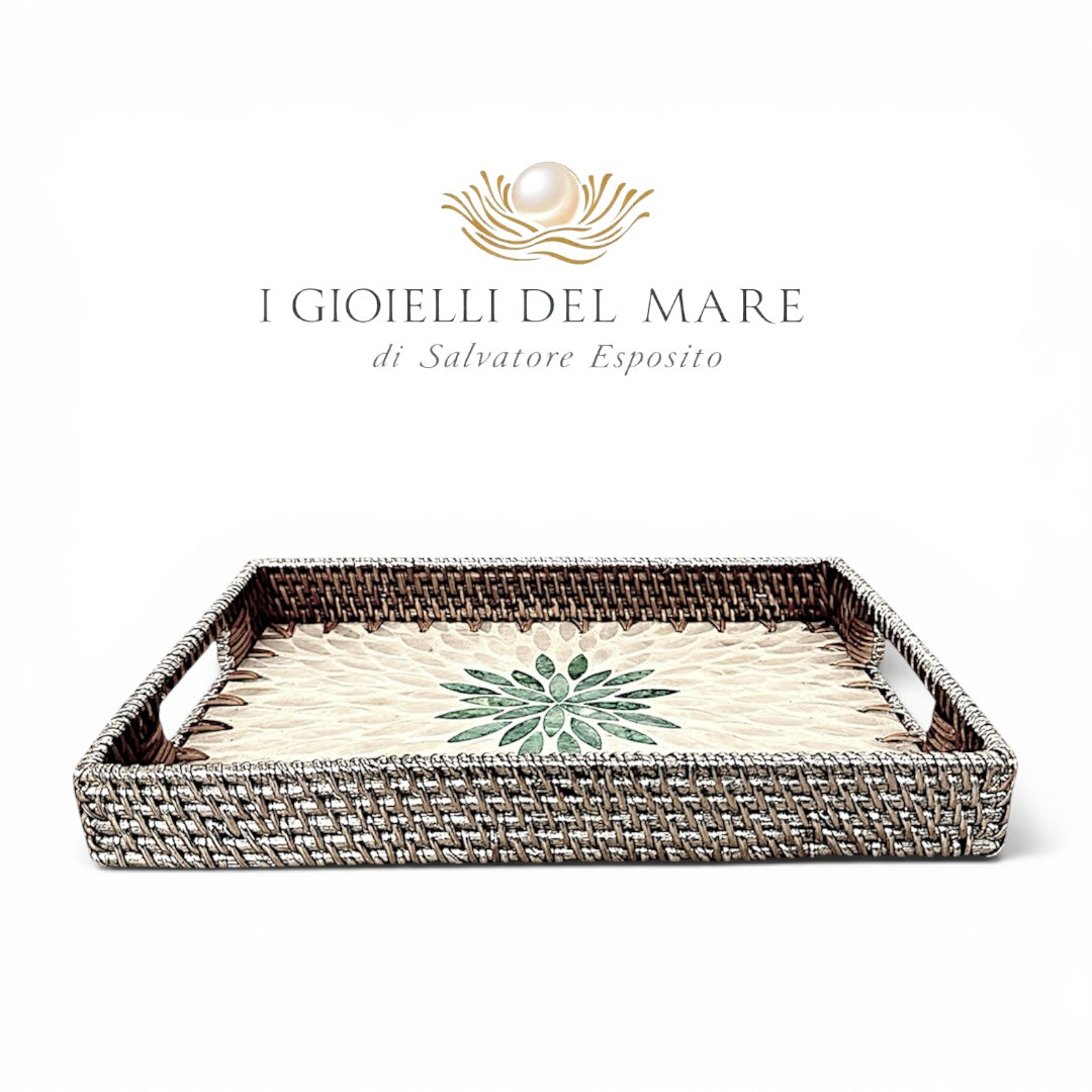 Vassoio rettangolare in rattan rivestito in argento con mosaico madreperla artigianale in argento - I Gioielli del Mare