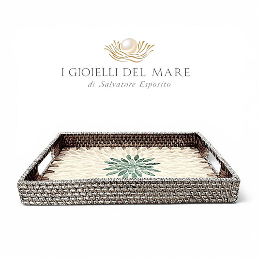 Vassoio rettangolare in rattan rivestito in argento con mosaico madreperla artigianale in argento - I Gioielli del Mare