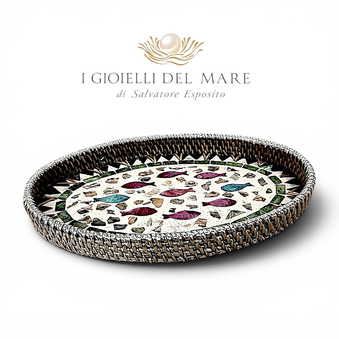 Vassoio ovale in rattan rivestito in argento con mosaico in madreperla artigianale in argento - I Gioielli del Mare