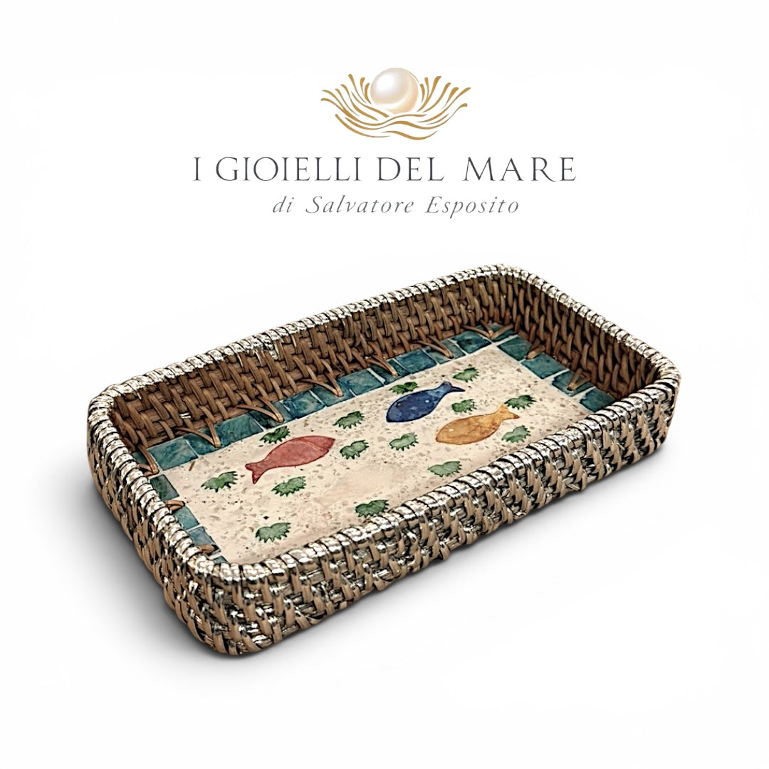 Vassoio rettangolare in rattan rivestito in argento con mosaico madreperla artigianale in argento - I Gioielli del Mare