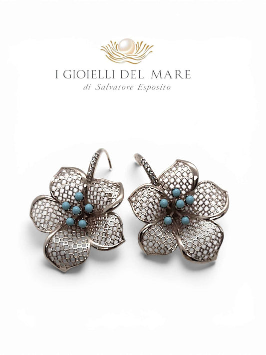 Orecchini fiori in argento e turchese fatti a mano