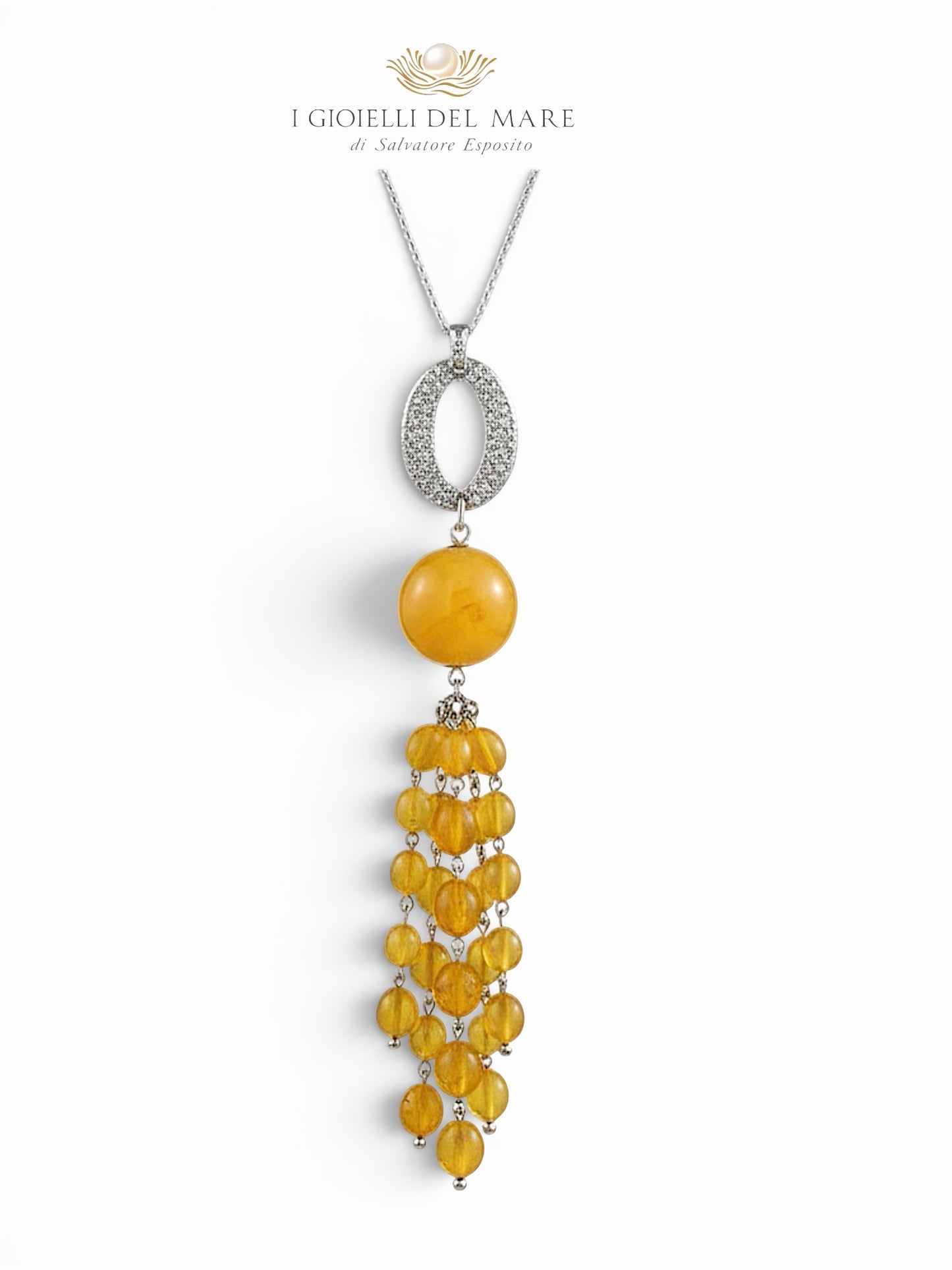 Collana artigianale in ambra baltica e agata marrone con montatura in argento - vista frontale
