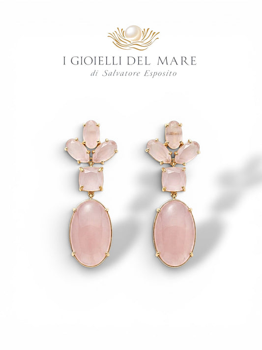 Orecchini pendenti in quarzo rosa ed argento dorato