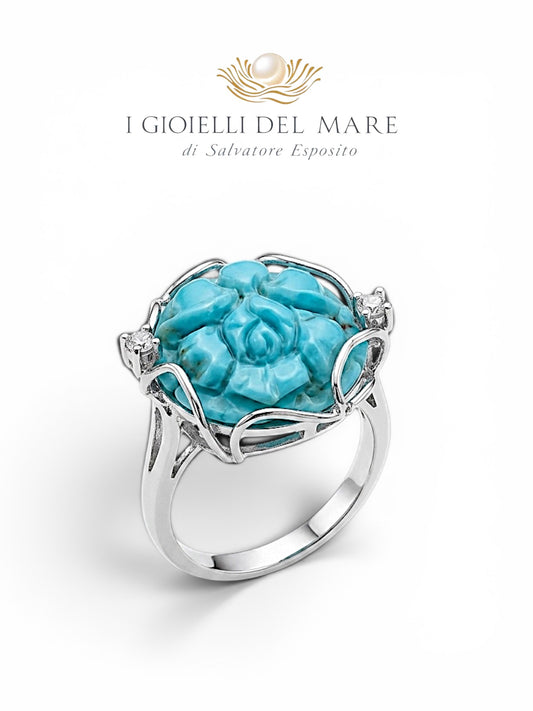 Anello in argento 925 con turchese naturale inciso a fiori, gioiello artigianale italiano


