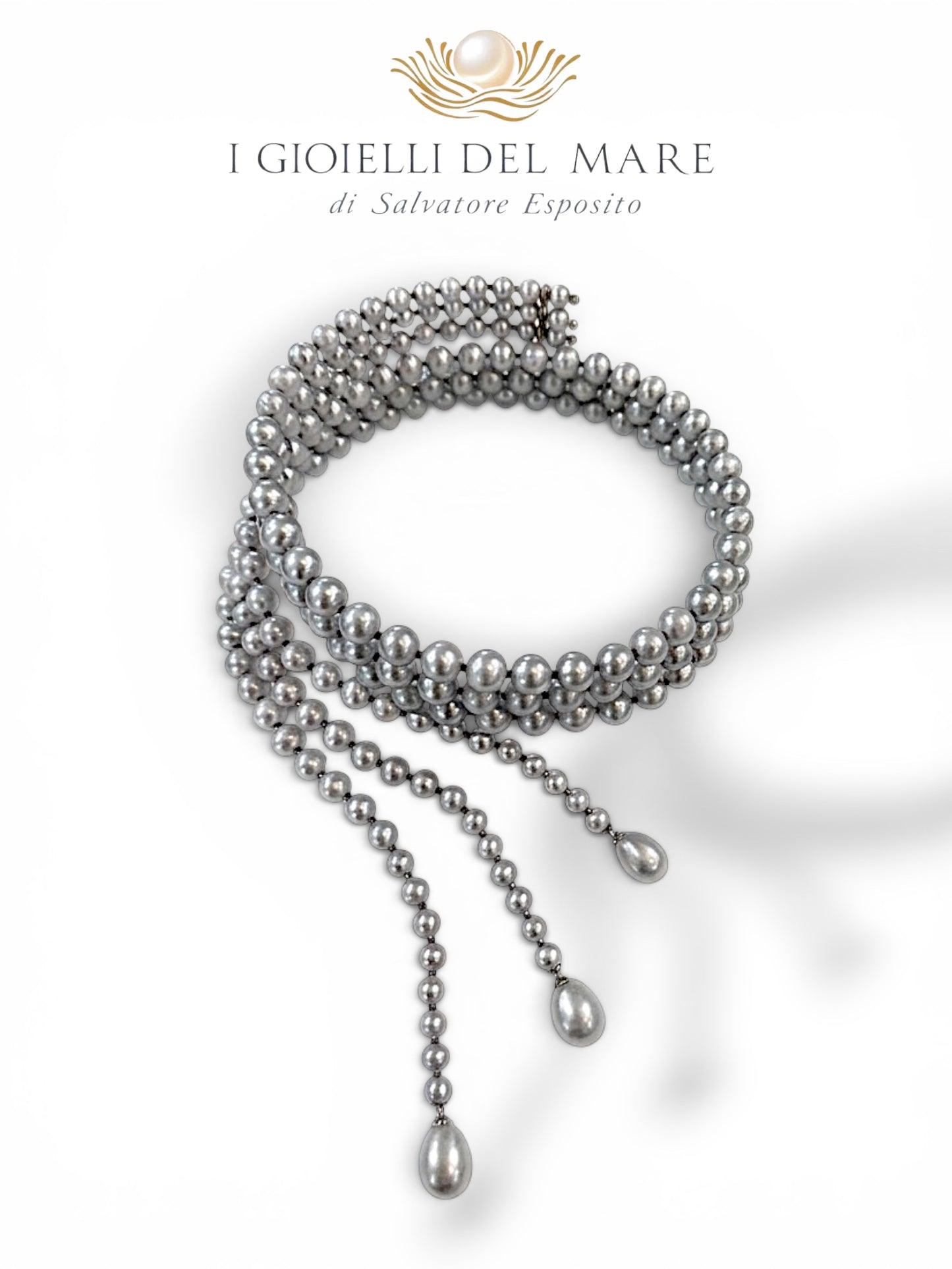 Collier a spirale in perle grigie coltivate ed argento, gioiello artigianale italiano
