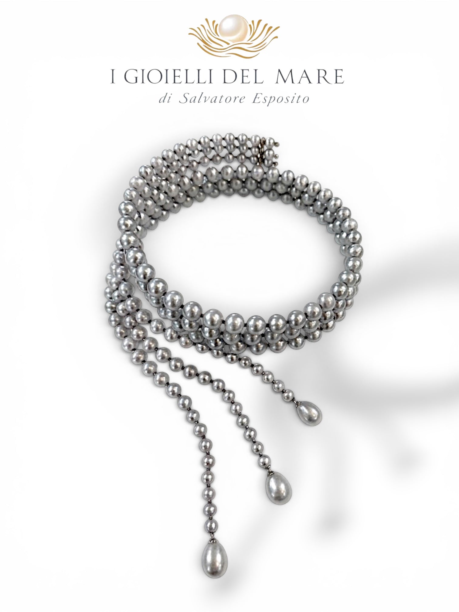 Collier a spirale in perle grigie coltivate ed argento, gioiello artigianale italiano