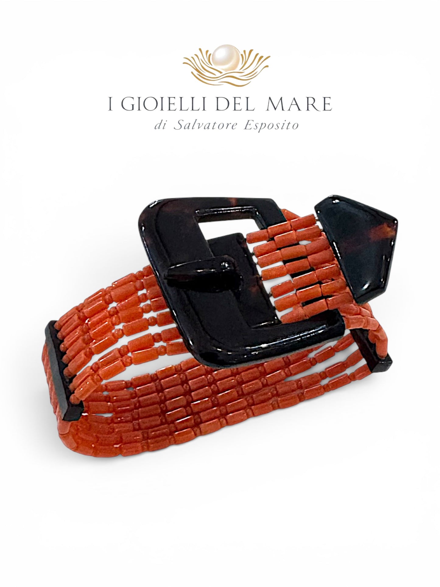 Bracciale artigianale in corallo rosso di Sciacca e fibia in galalite, gioiello italiano fatto a mano

