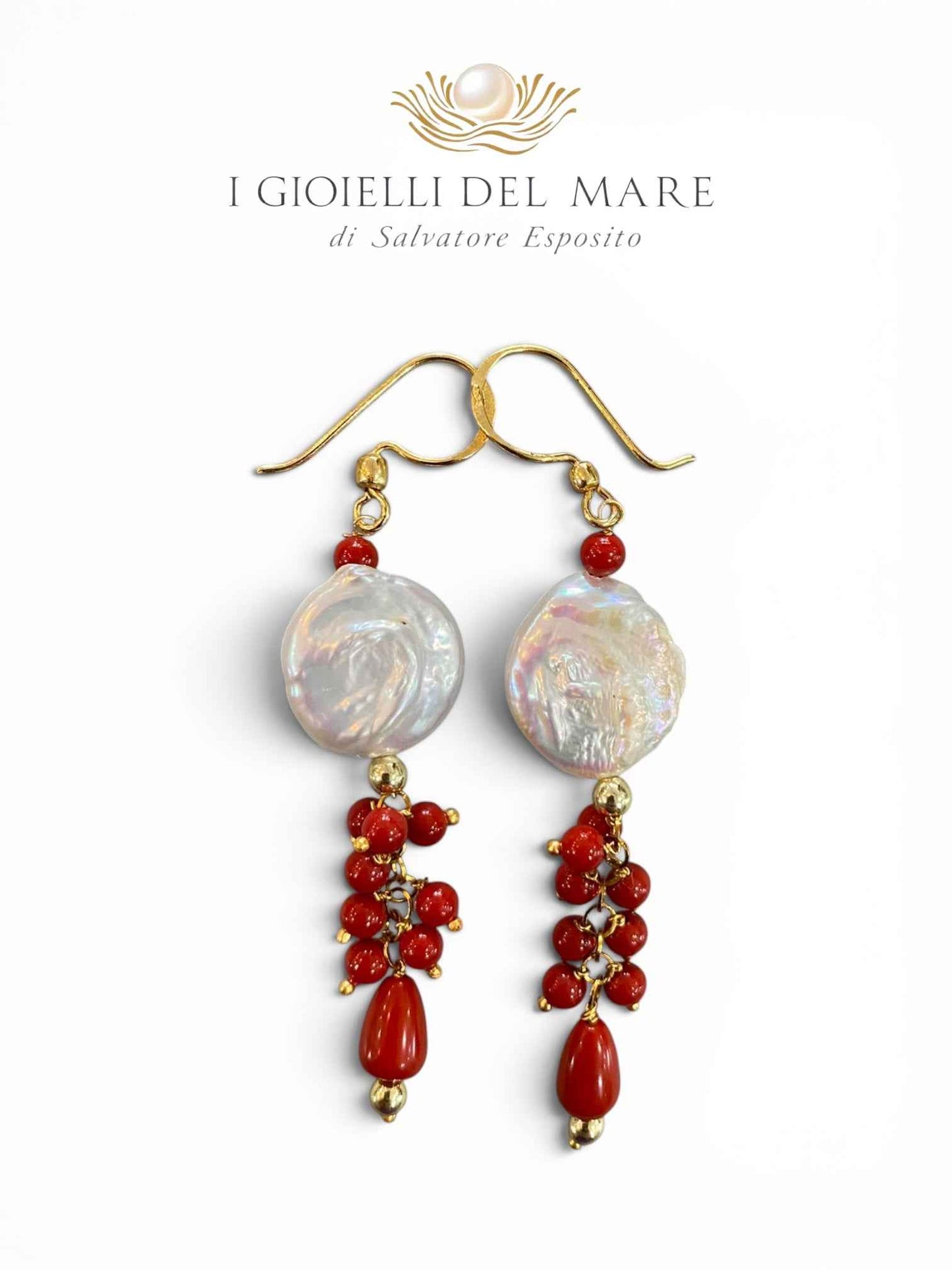 Orecchini corallo rosso con perle in argentgo dorato