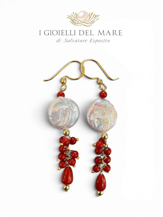 Orecchini corallo rosso con perle in argentgo dorato