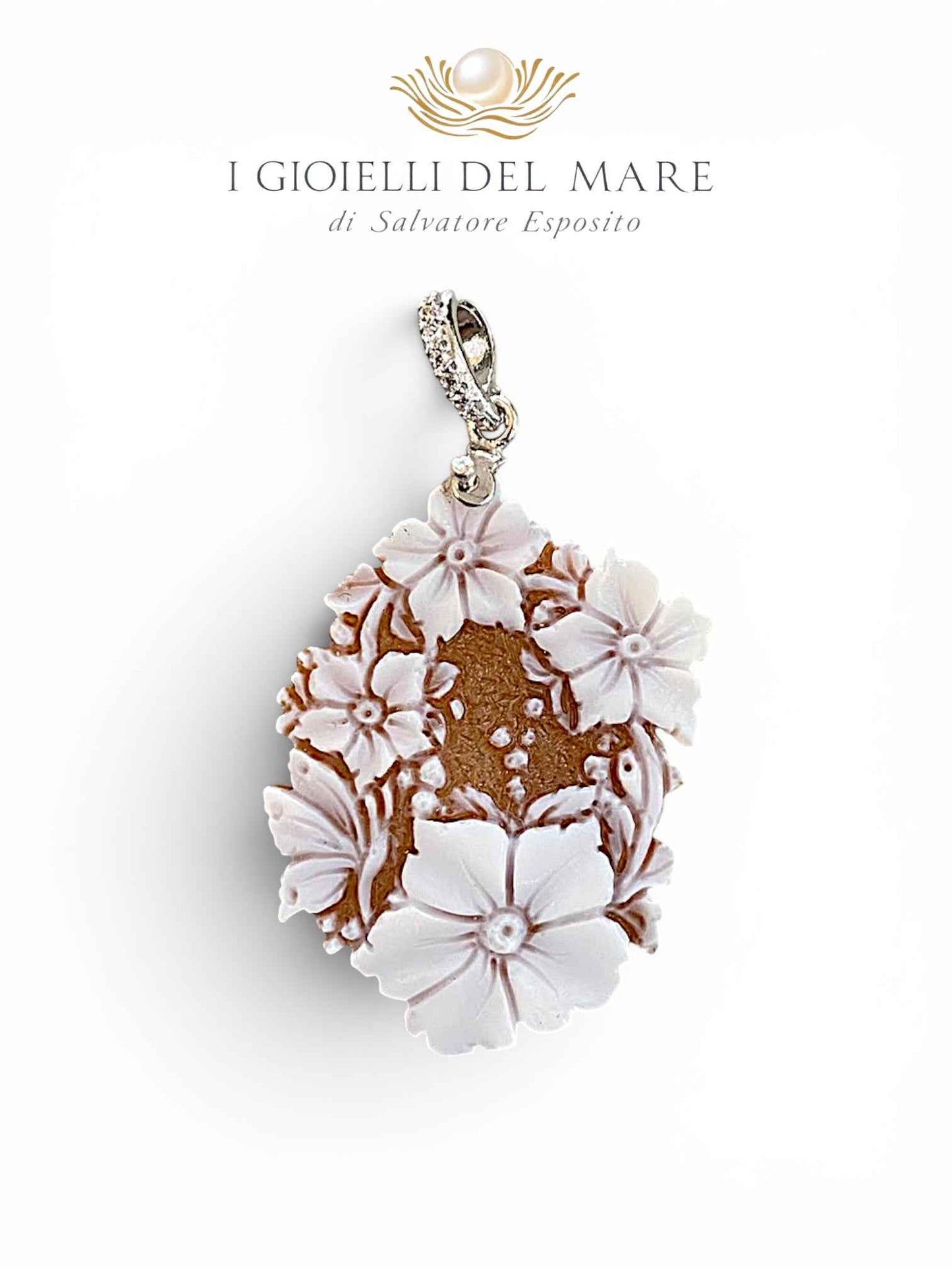 Ciondolo Cammeo fiore inciso a mano in argento