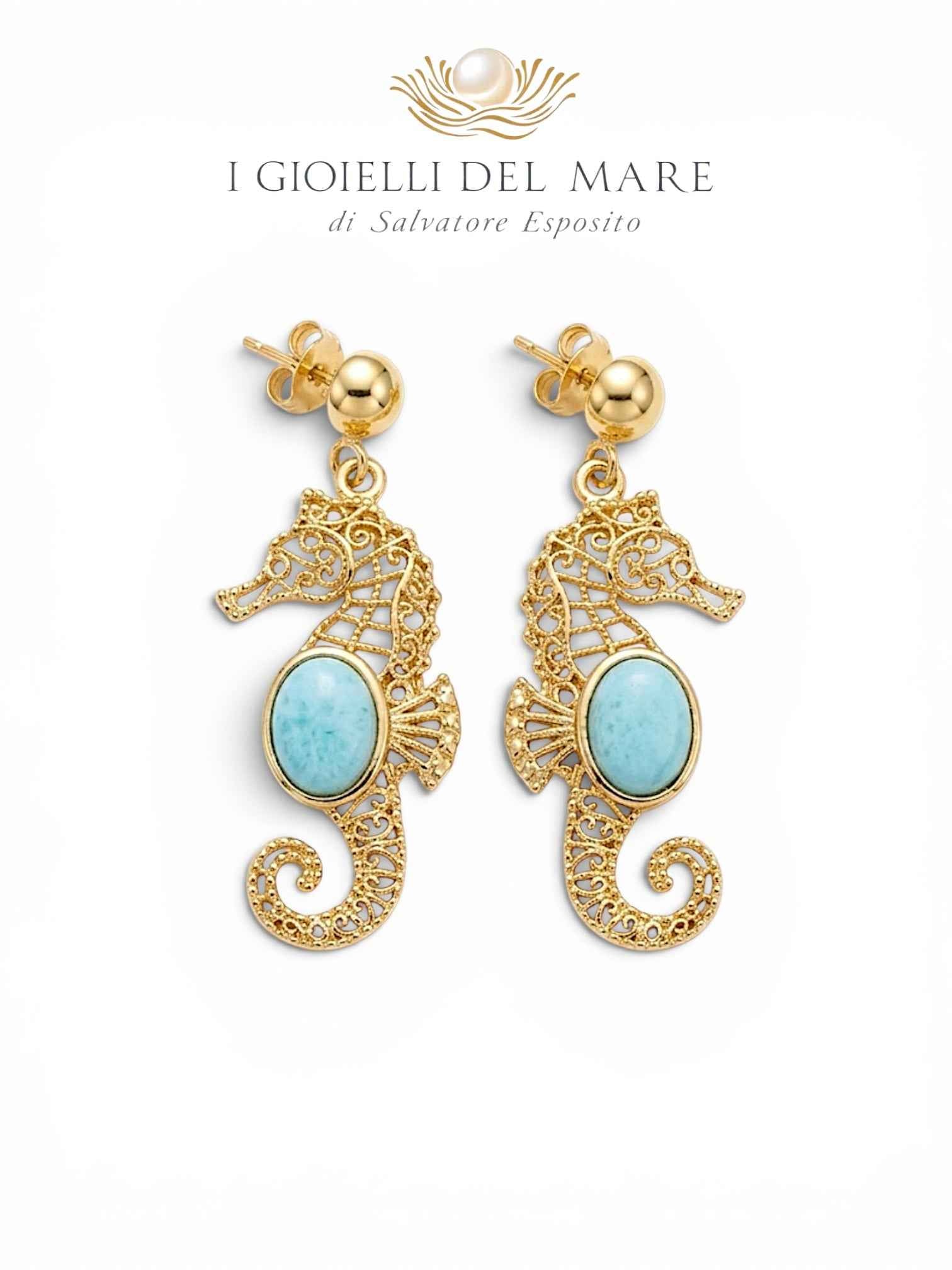 Orecchini Cavalluccio Marino con Turchese Naturale in Argento Dorato | I Gioielli del Mare