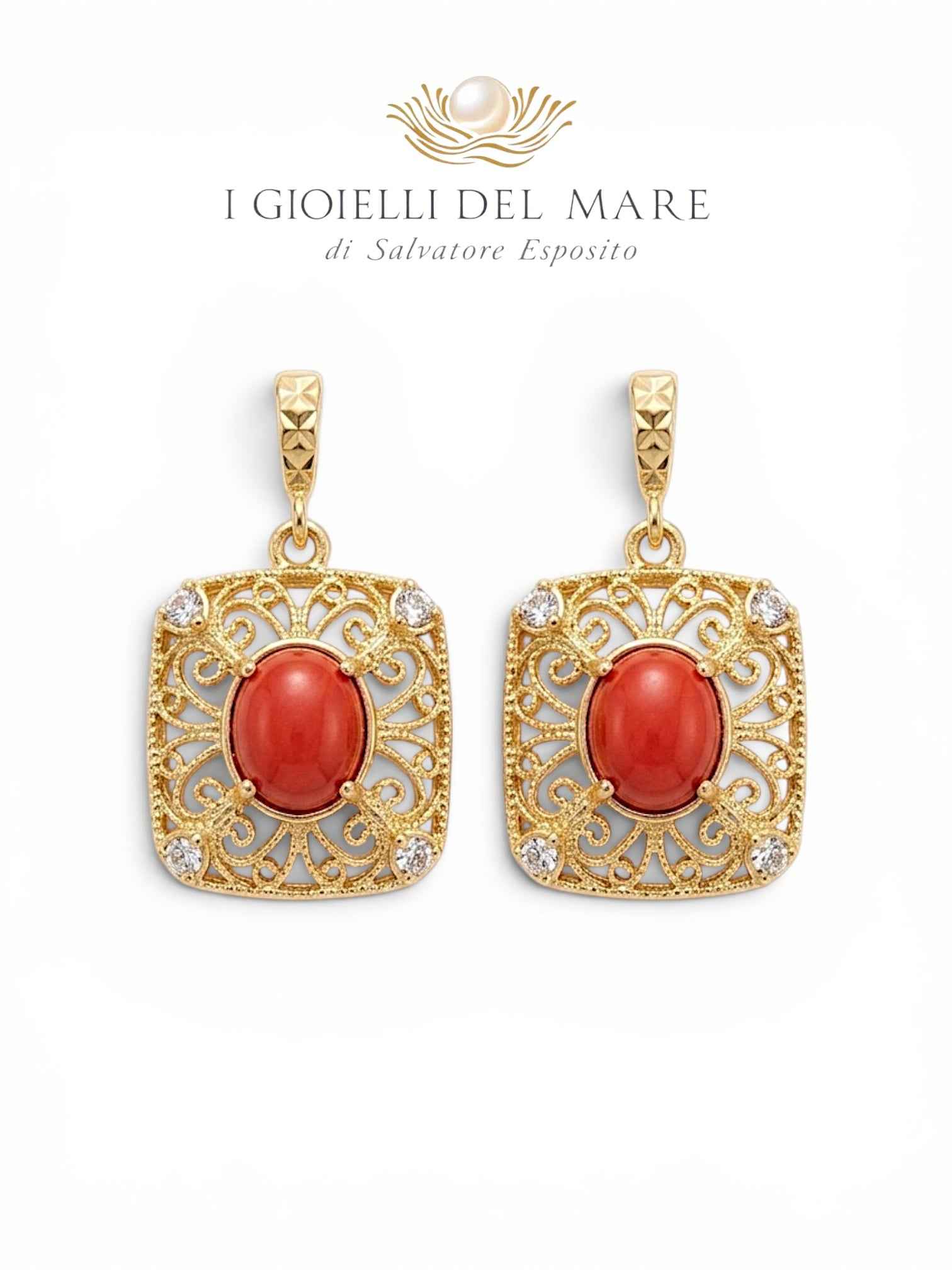 Orecchini in Filigrana d'Argento Dorato con Corallo Naturale | I Gioielli del Mare