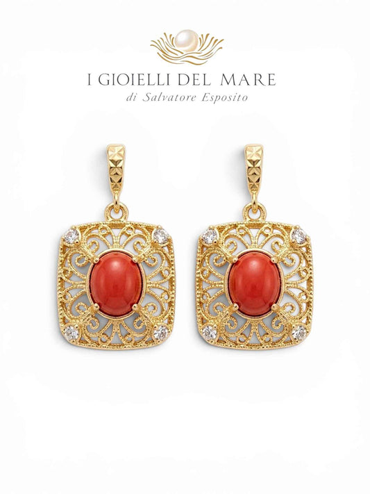 Orecchini in Filigrana d'Argento Dorato con Corallo Naturale | I Gioielli del Mare