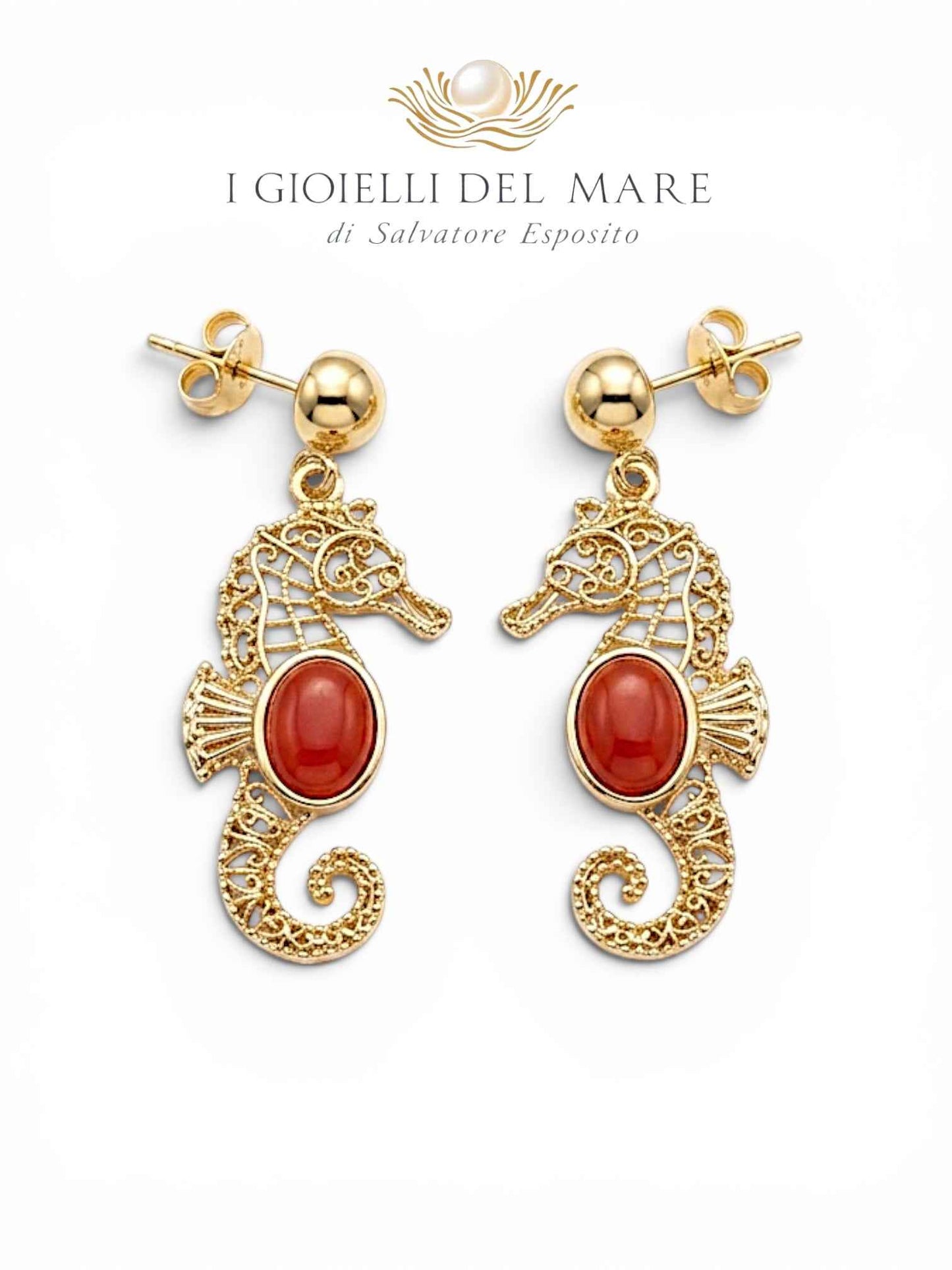 Orecchini Cavalluccio Marino in Filigrana d'Argento Dorato con Corallo Naturale | I Gioielli del Mare