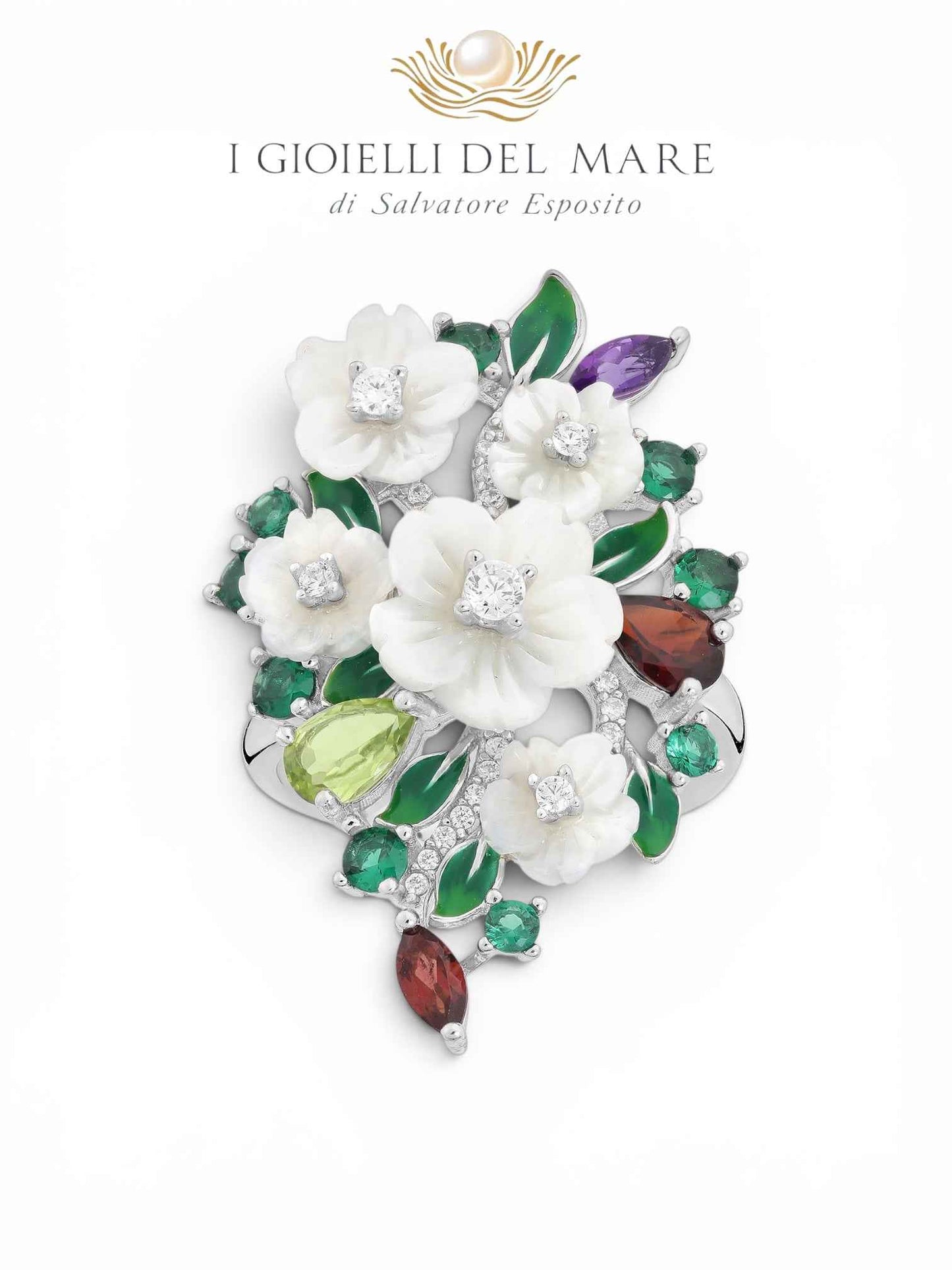 Anello artigianale con fiori in madreperla incisi a mano e pietre