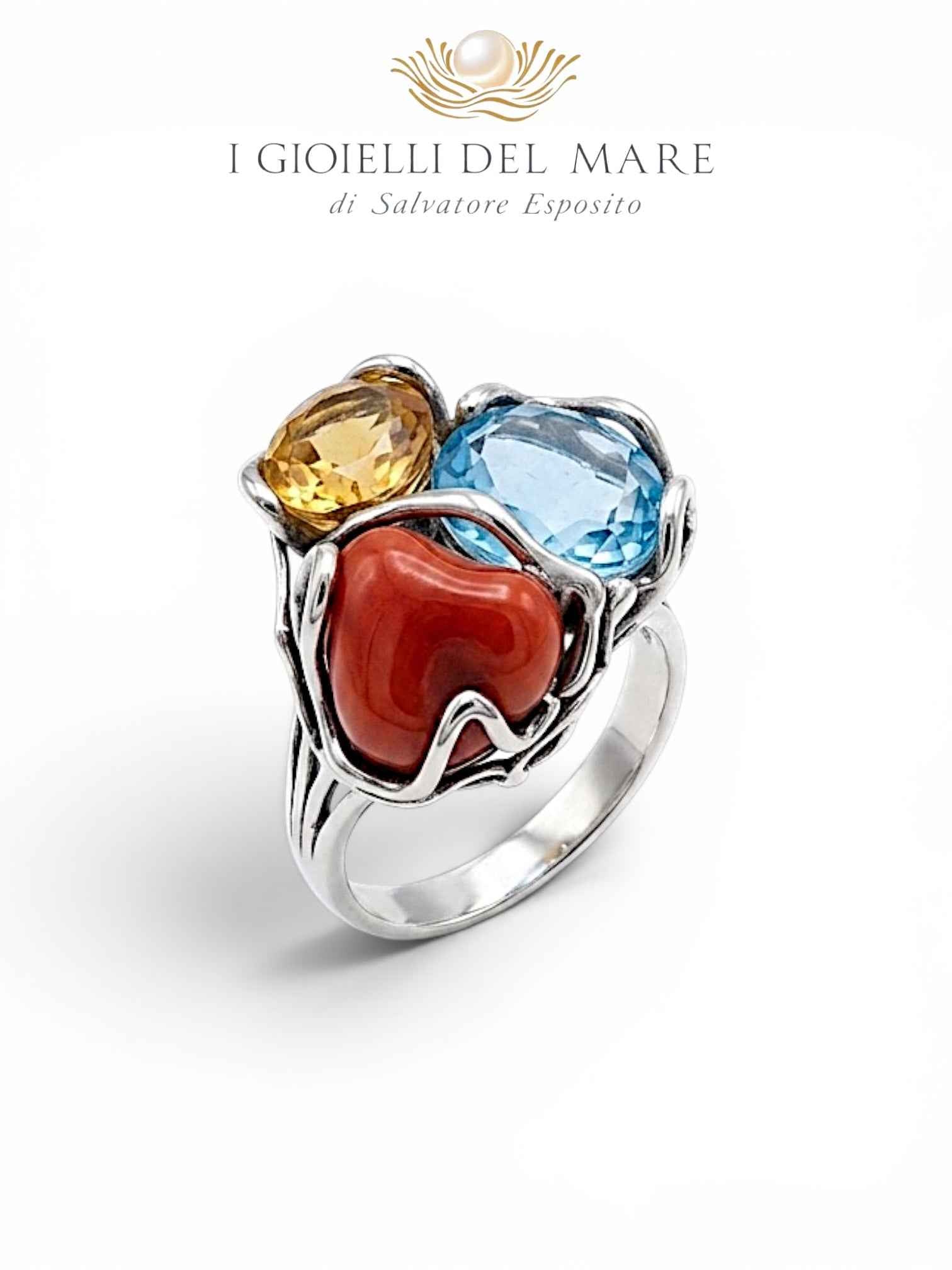 Anello Topazio Giallo e Blu con Corallo Rosso naturale in argentom -  I Gioielli del Mare