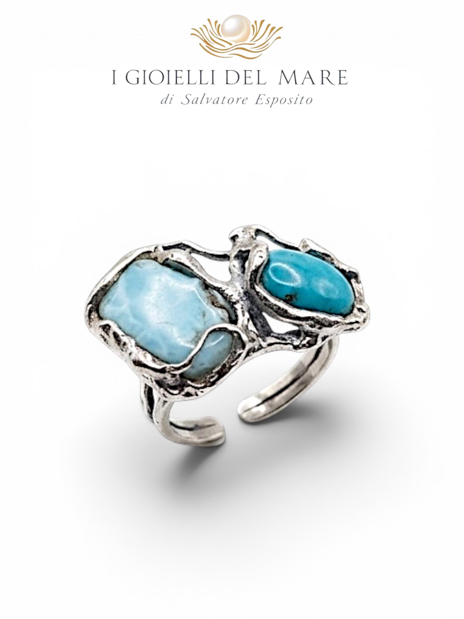 Anello artigianale in argento con turchese naturale blu-verde, misura regolabile - I Gioielli del Mare
