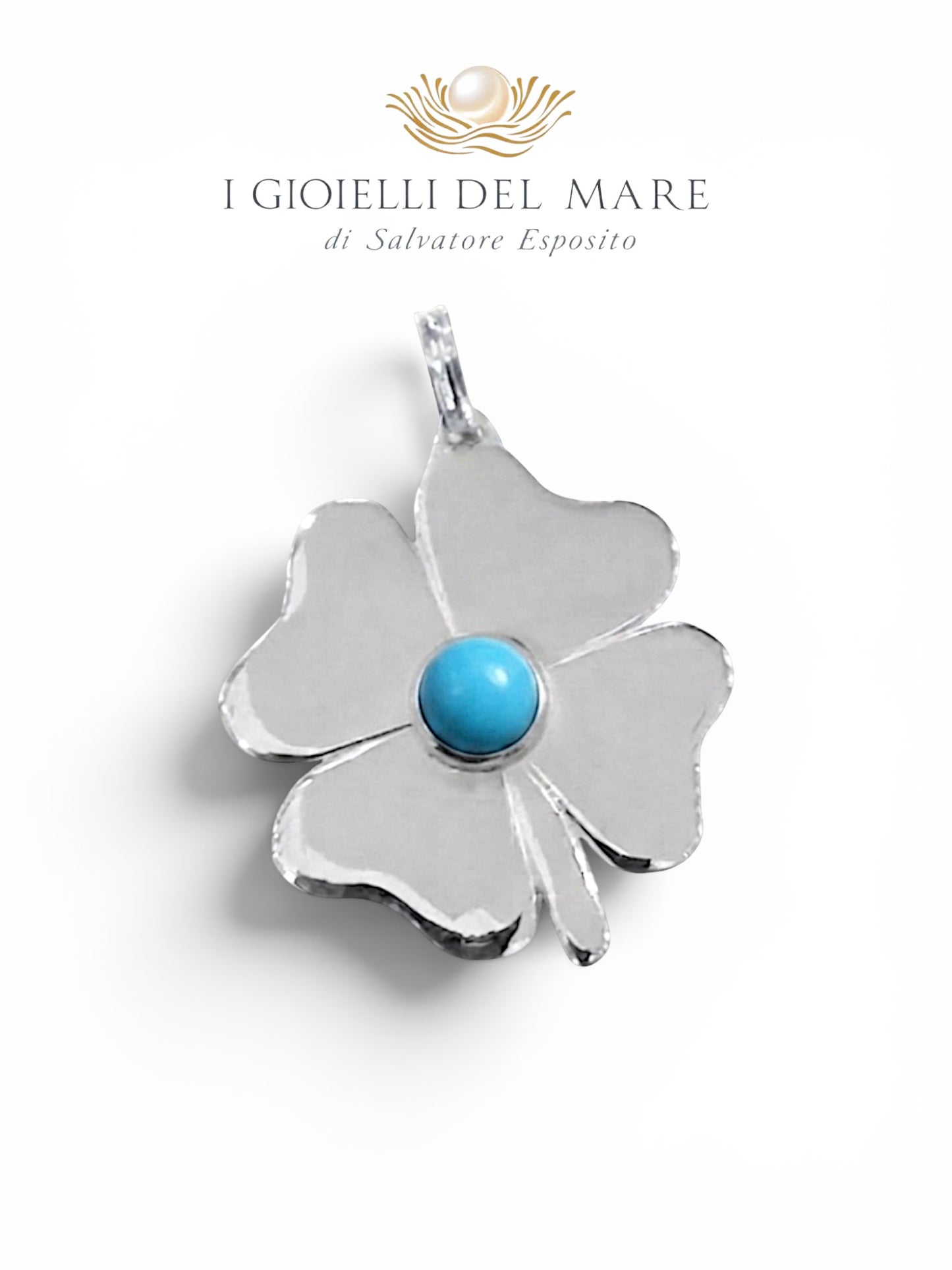 Ciondolo quadrifoglio in argento pieno con pietra dura centrale – I Gioielli del Mare