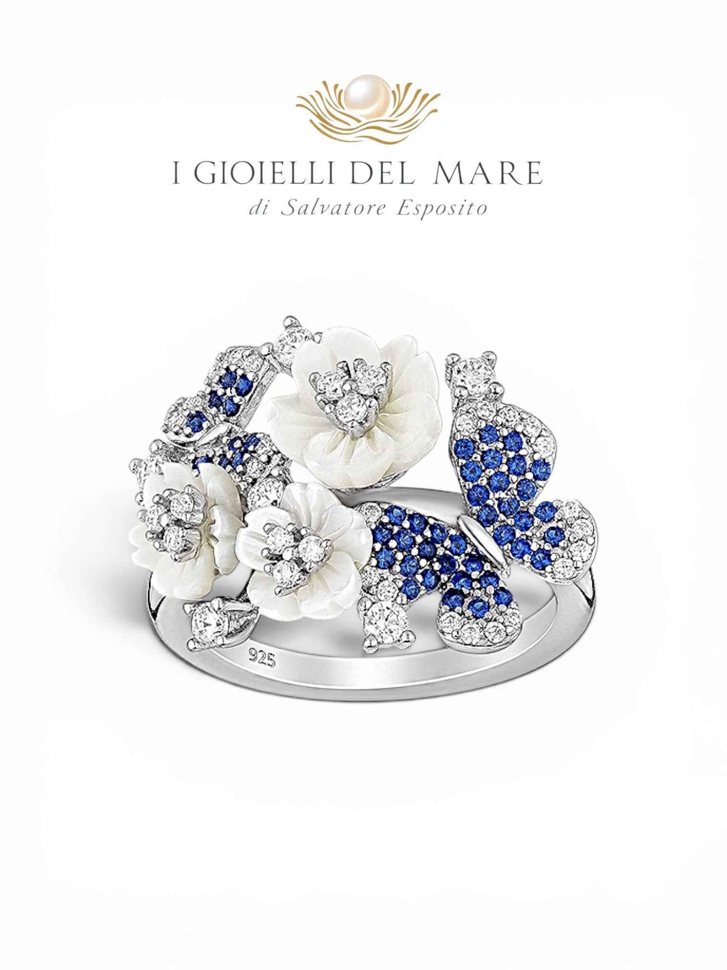Anello floreale in madreperla con zirconi blu e bianchi in argento rodiato – I Gioielli del Mare