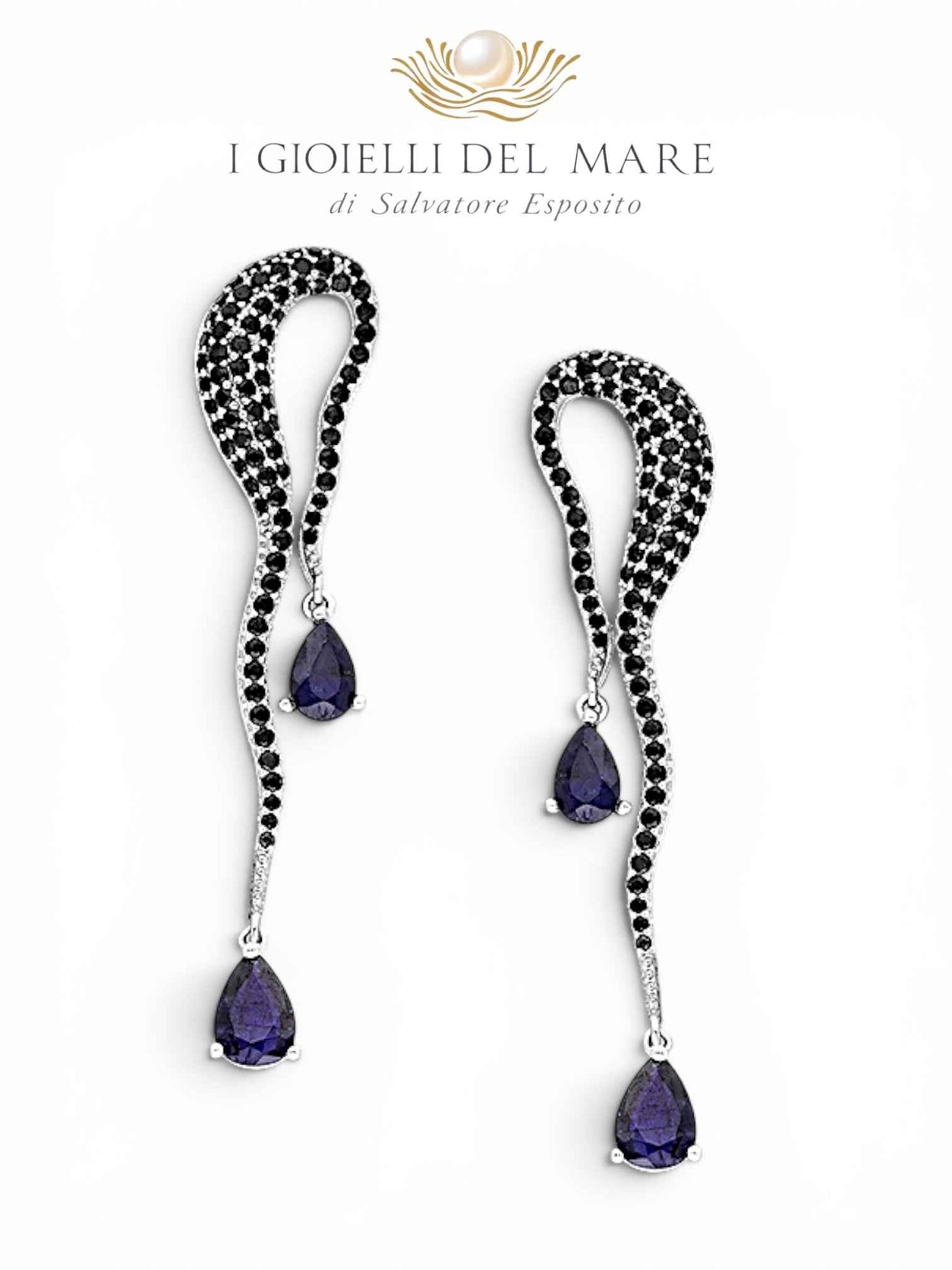 Orecchini in Argento Rodiato con Spinelli Neri e Zaffiri Blu – Gioielli Artigianali