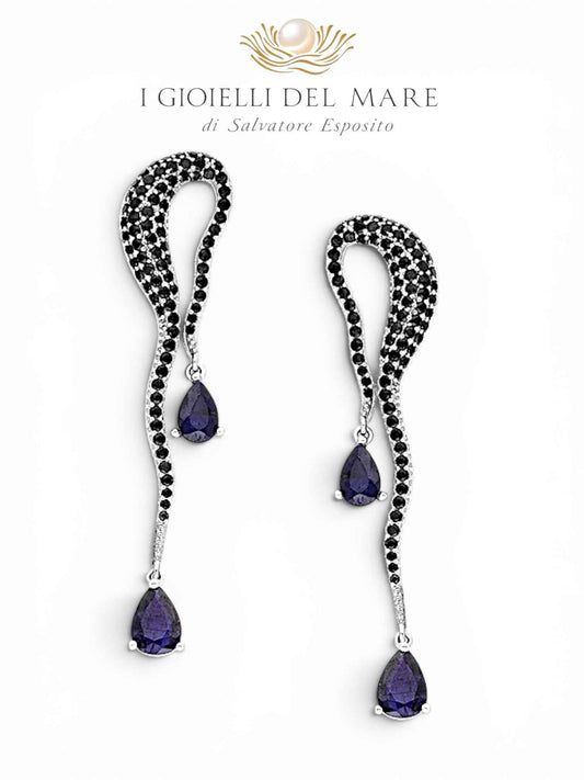Orecchini in Argento Rodiato con Spinelli Neri e Zaffiri Blu – Gioielli Artigianali