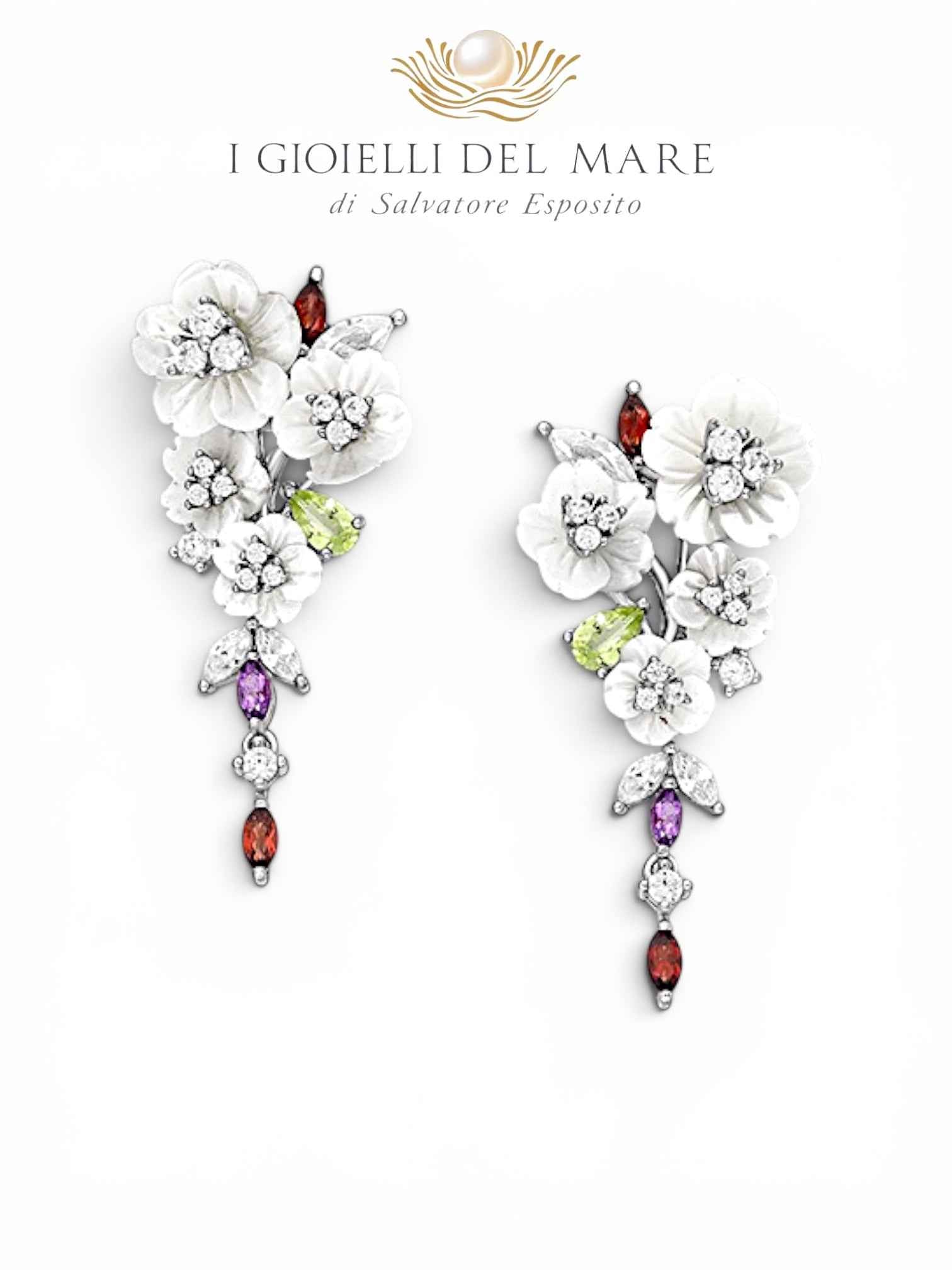 Orecchini Fiori in Madreperla e Pietre Semipreziose – Argento Rodiato Artigianale