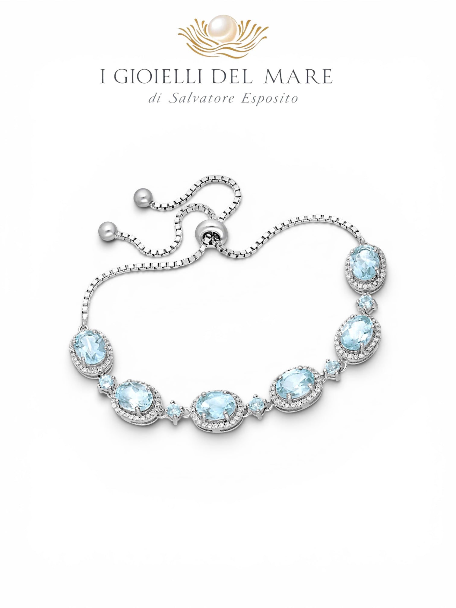     Bracciale regolabile in argento 925 con topazi azzurri naturali taglio ovale e pavé di zirconi bianchi – I Gioielli del Mare di Salvatore Esposito
