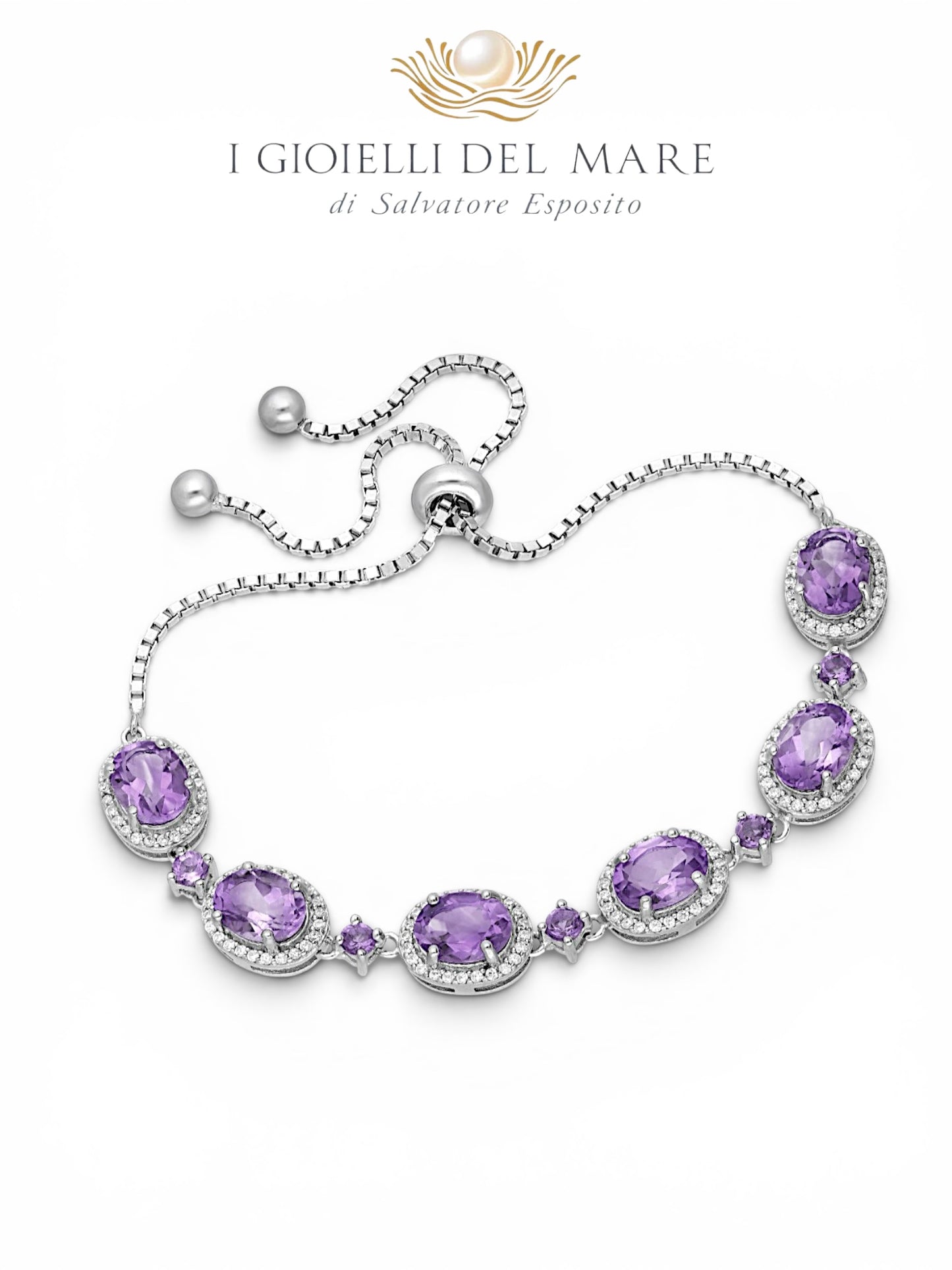     Bracciale regolabile in argento 925 con ametiste naturali taglio ovale e pavé di zirconi bianchi – I Gioielli del Mare di Salvatore Esposito
