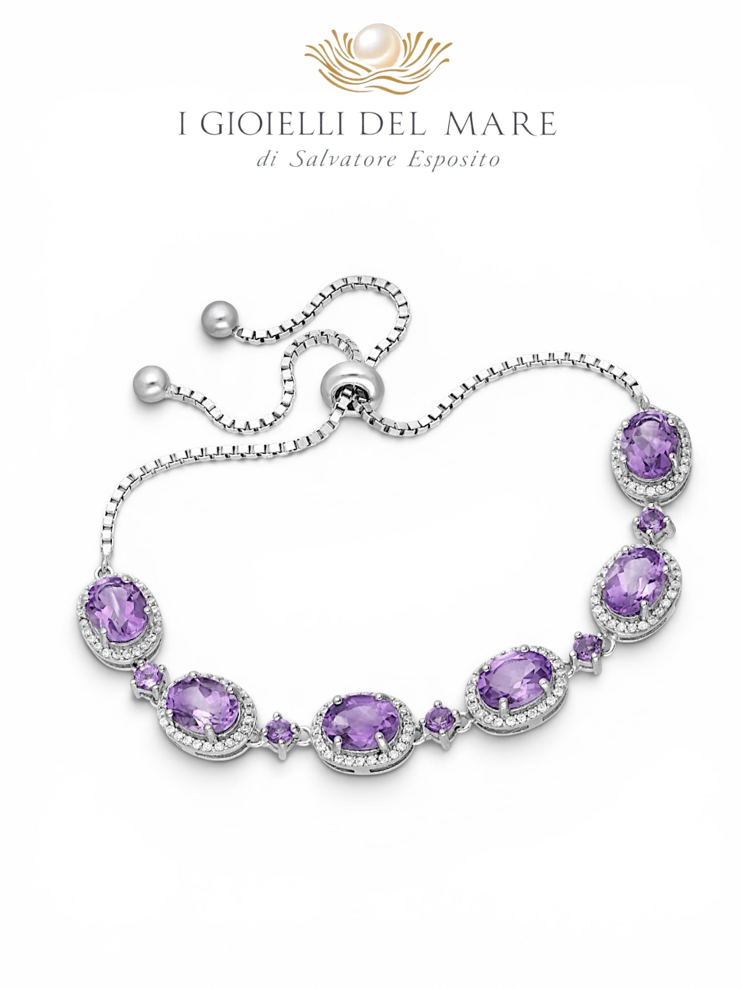     Bracciale regolabile in argento 925 con ametiste naturali taglio ovale e pavé di zirconi bianchi – I Gioielli del Mare di Salvatore Esposito