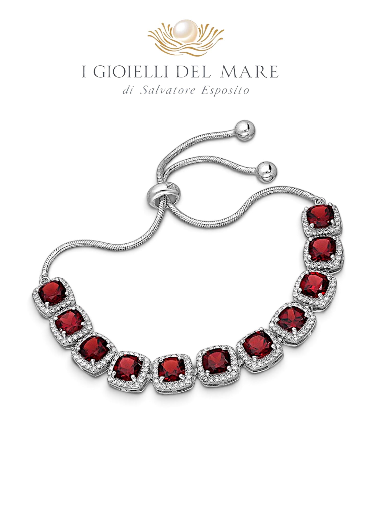 Bracciale regolabile in argento 925 con granati naturali e pavé di zirconi – I Gioielli del Mare