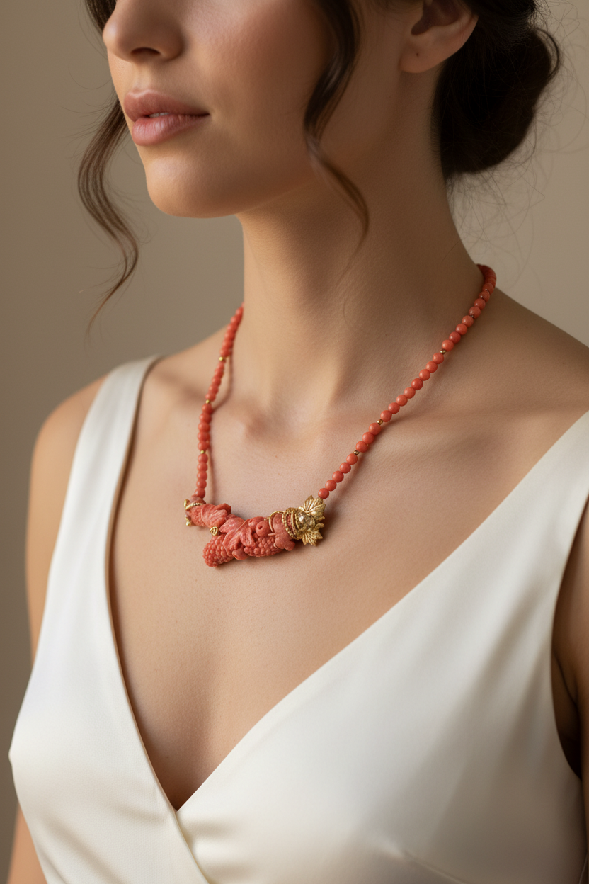 Collana in corallo giapponese indossata – ramo scolpito a fiori con perline e oro, gioiello artigianale made in Italy
