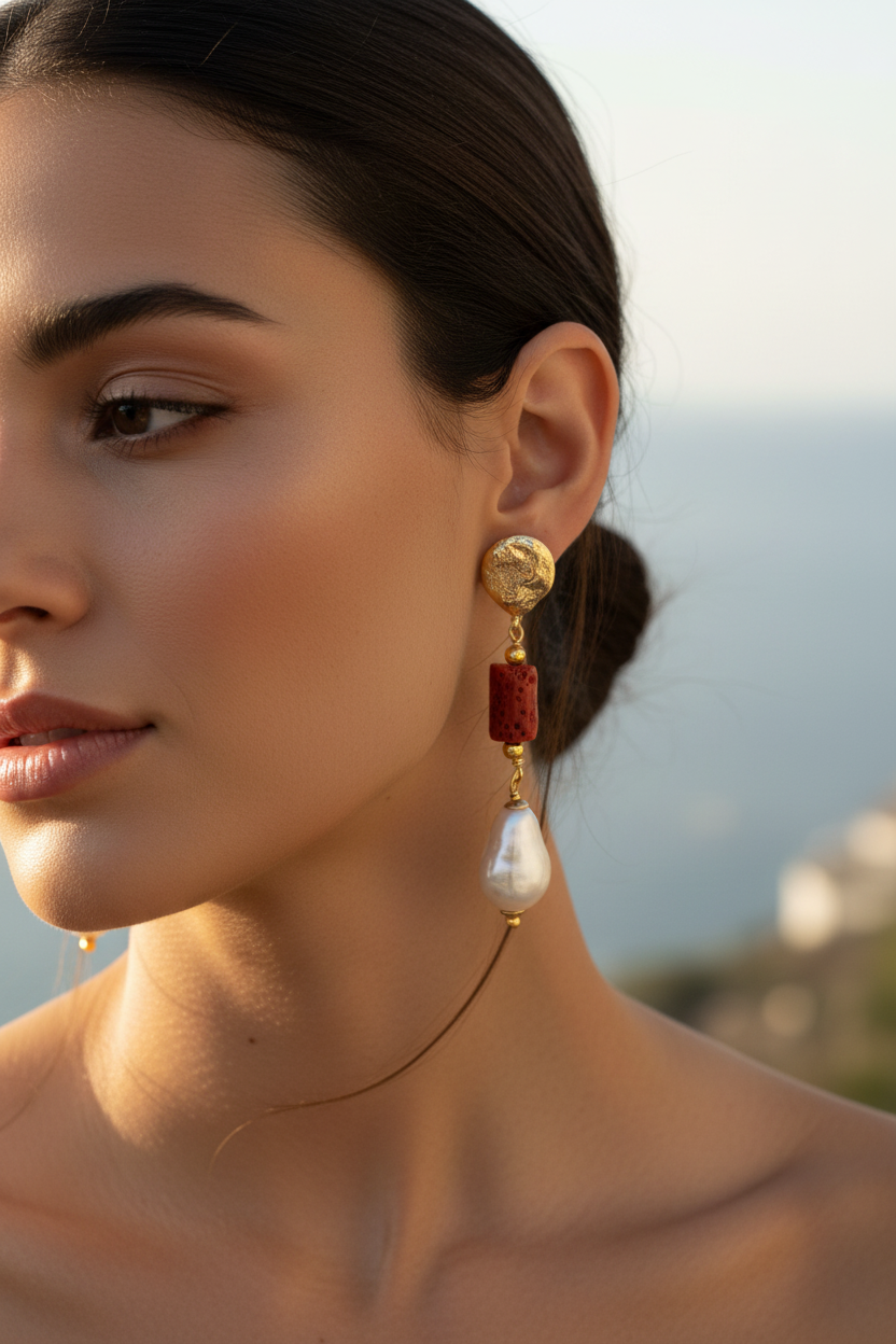 Modella con orecchini corallo e perla barocca