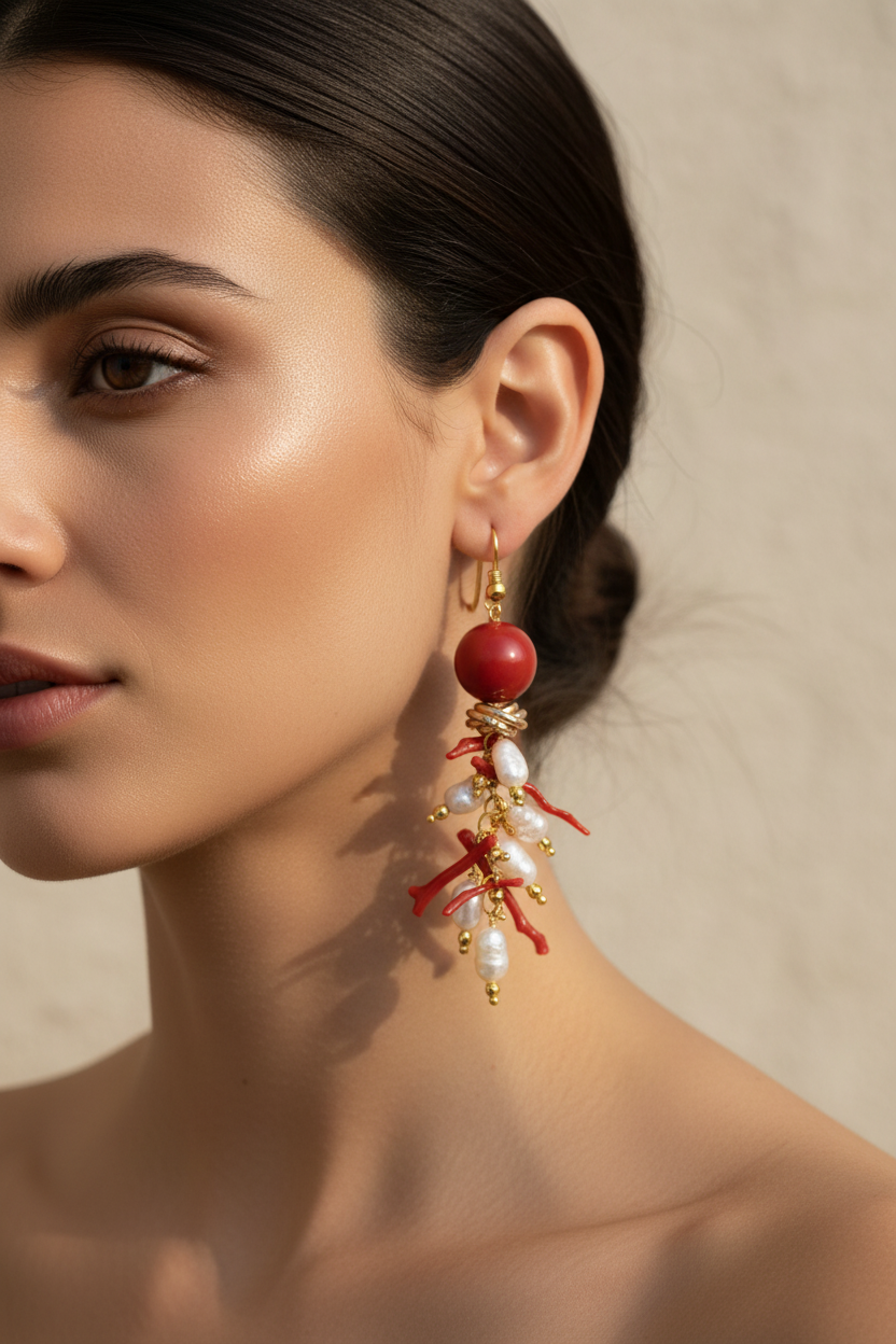Modella con orecchini corallo rami e perle