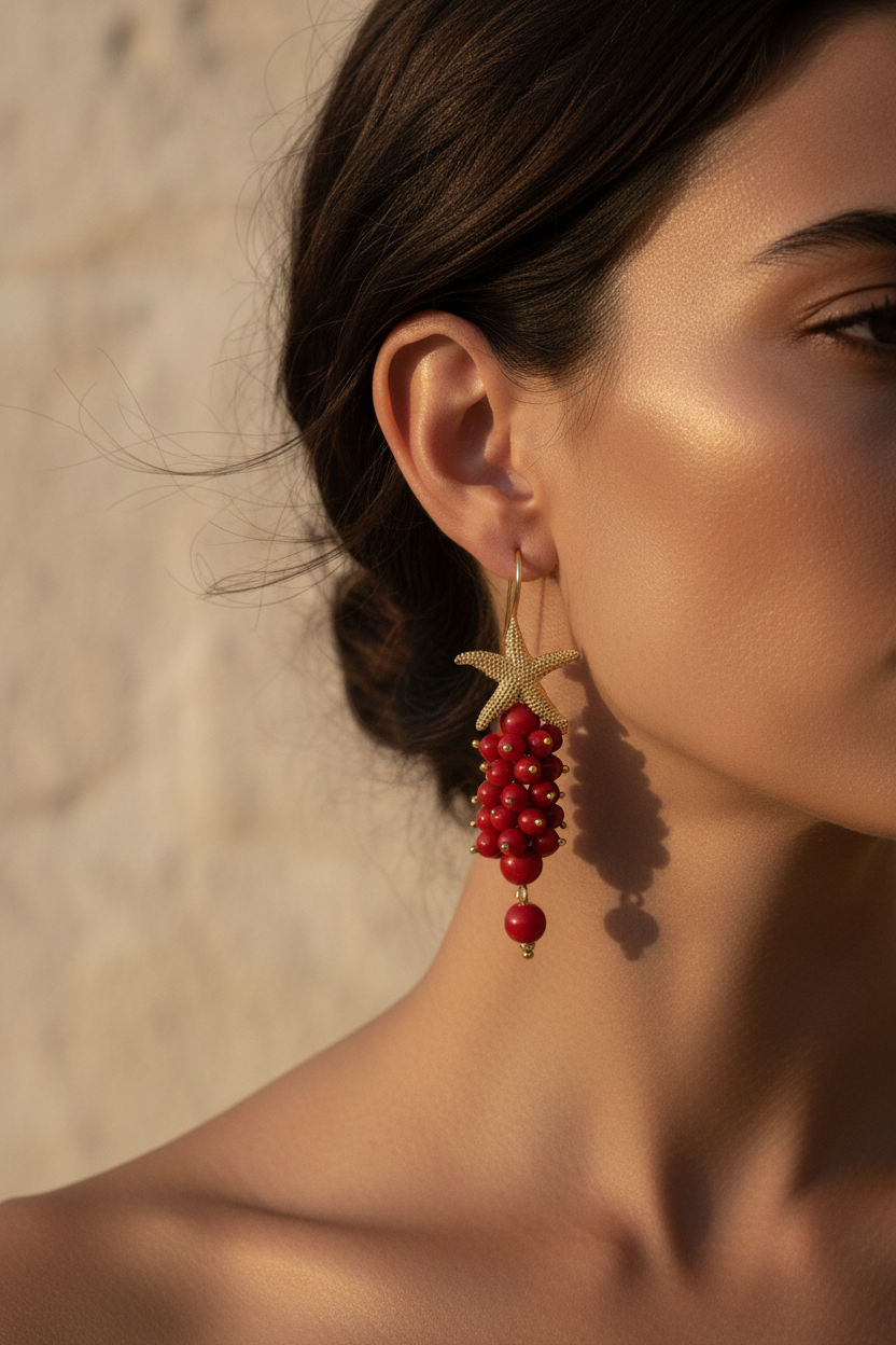 Modella indossa orecchini stella corallo rosso ottone – gioielli artigianali Made in Italy, I Gioielli del Mare

