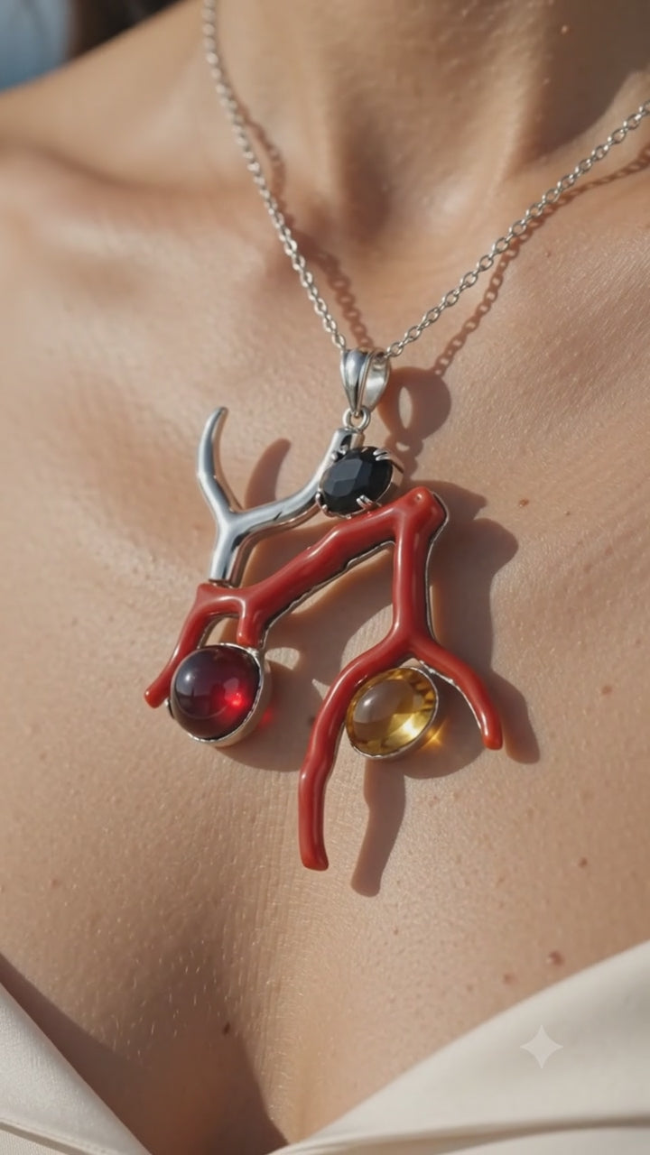 Ciondolo ramo corallo Sardegna in argento e pietre semipreziose indossato su collo femminile, gioiello artigianale italiano | I Gioielli del Mare